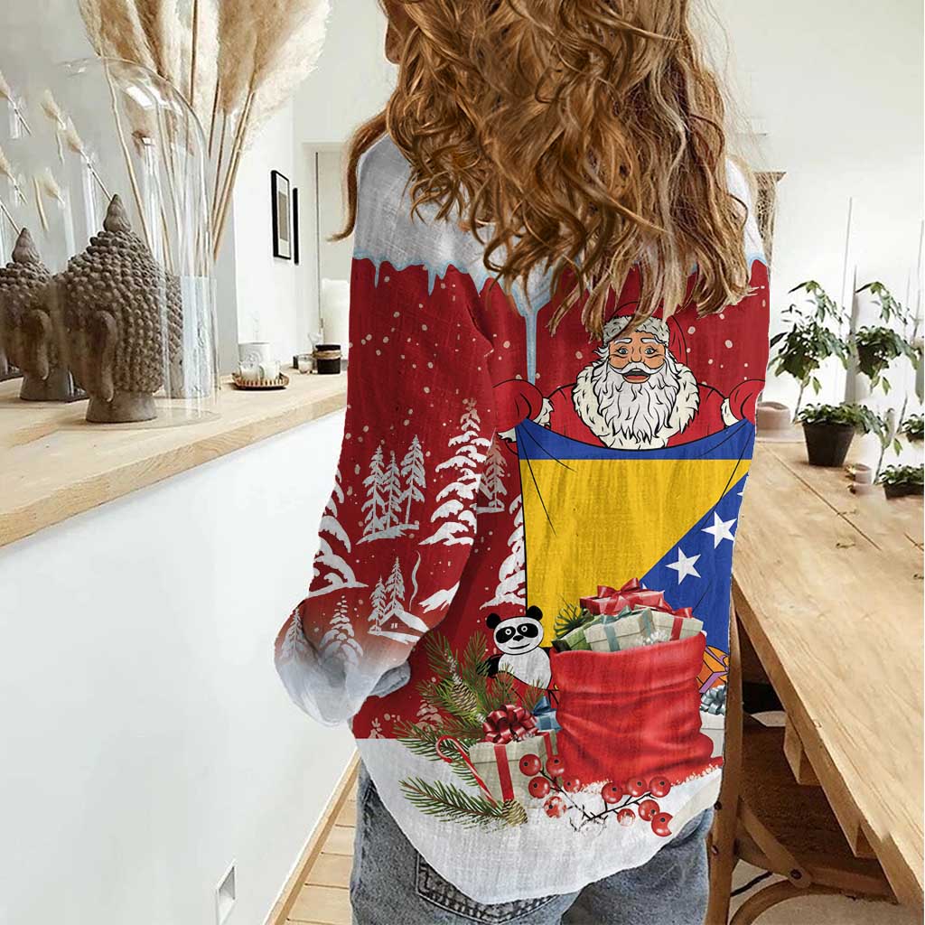 Bosnia and Herzegovina Christmas Women Casual Shirt Santa With National Flag - Wonder Print Shop