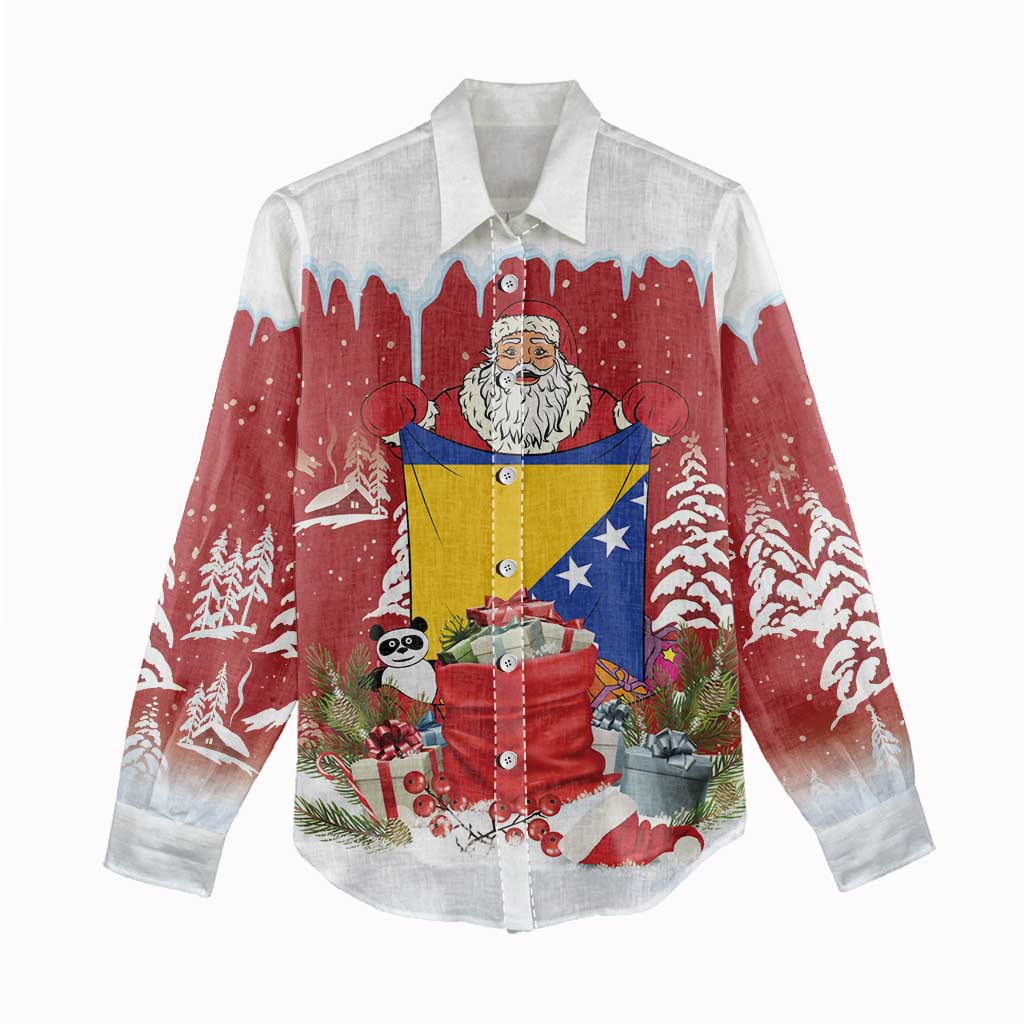 Bosnia and Herzegovina Christmas Women Casual Shirt Santa With National Flag - Wonder Print Shop