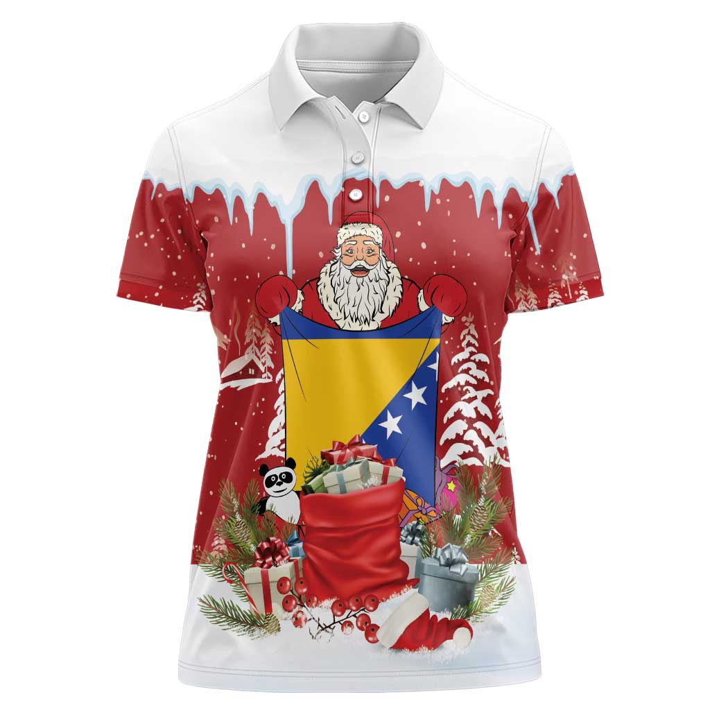 Bosnia and Herzegovina Christmas Women Polo Shirt Santa With National Flag - Wonder Print Shop