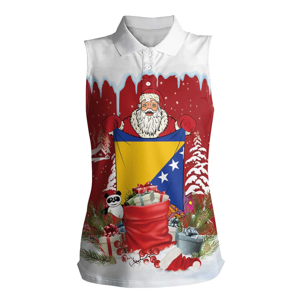 Bosnia and Herzegovina Christmas Women Sleeveless Polo Shirt Santa With National Flag - Wonder Print Shop