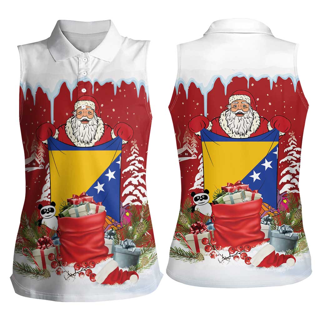 Bosnia and Herzegovina Christmas Women Sleeveless Polo Shirt Santa With National Flag - Wonder Print Shop
