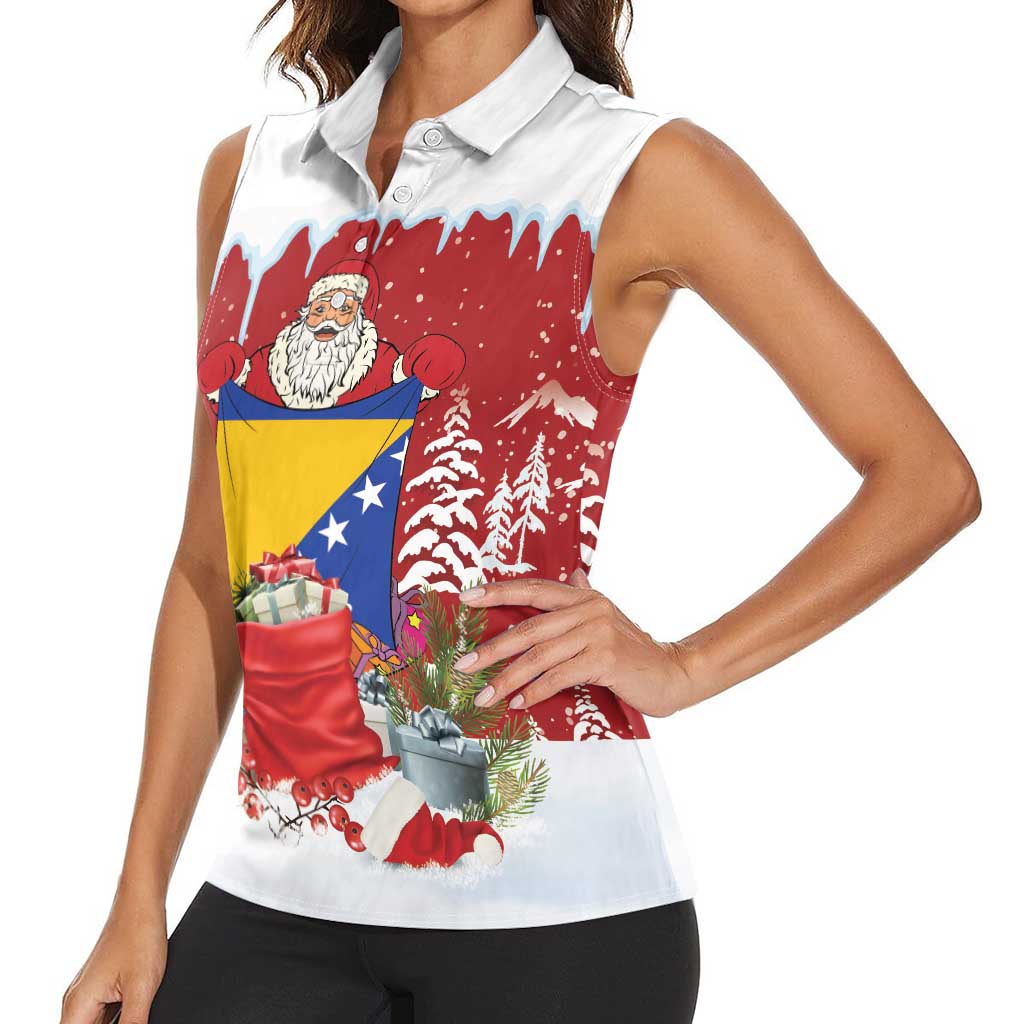 Bosnia and Herzegovina Christmas Women Sleeveless Polo Shirt Santa With National Flag - Wonder Print Shop