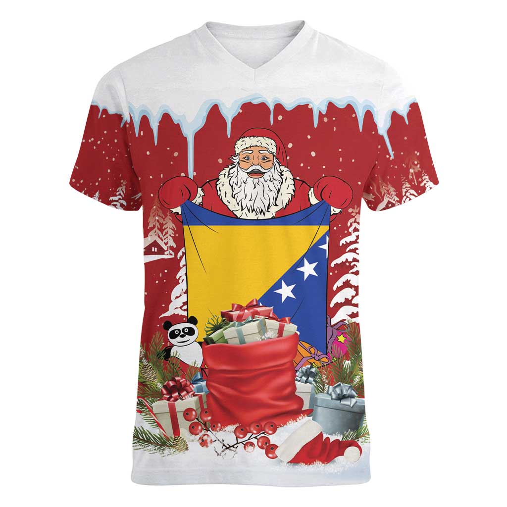 Bosnia and Herzegovina Christmas Women V-Neck T-Shirt Santa With National Flag - Wonder Print Shop