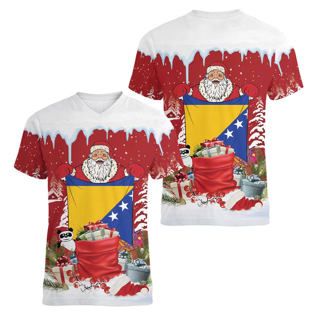 Bosnia and Herzegovina Christmas Women V-Neck T-Shirt Santa With National Flag - Wonder Print Shop