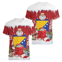 Bosnia and Herzegovina Christmas Women V-Neck T-Shirt Santa With National Flag - Wonder Print Shop