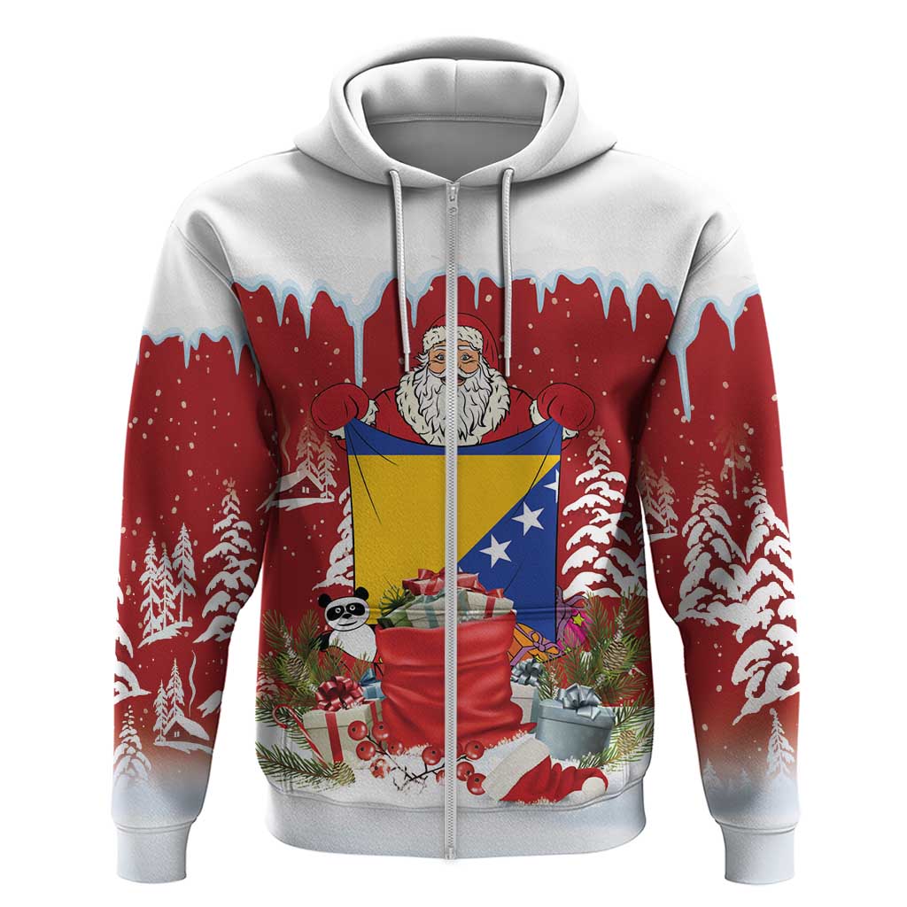 Bosnia and Herzegovina Christmas Zip Hoodie Santa With National Flag - Wonder Print Shop
