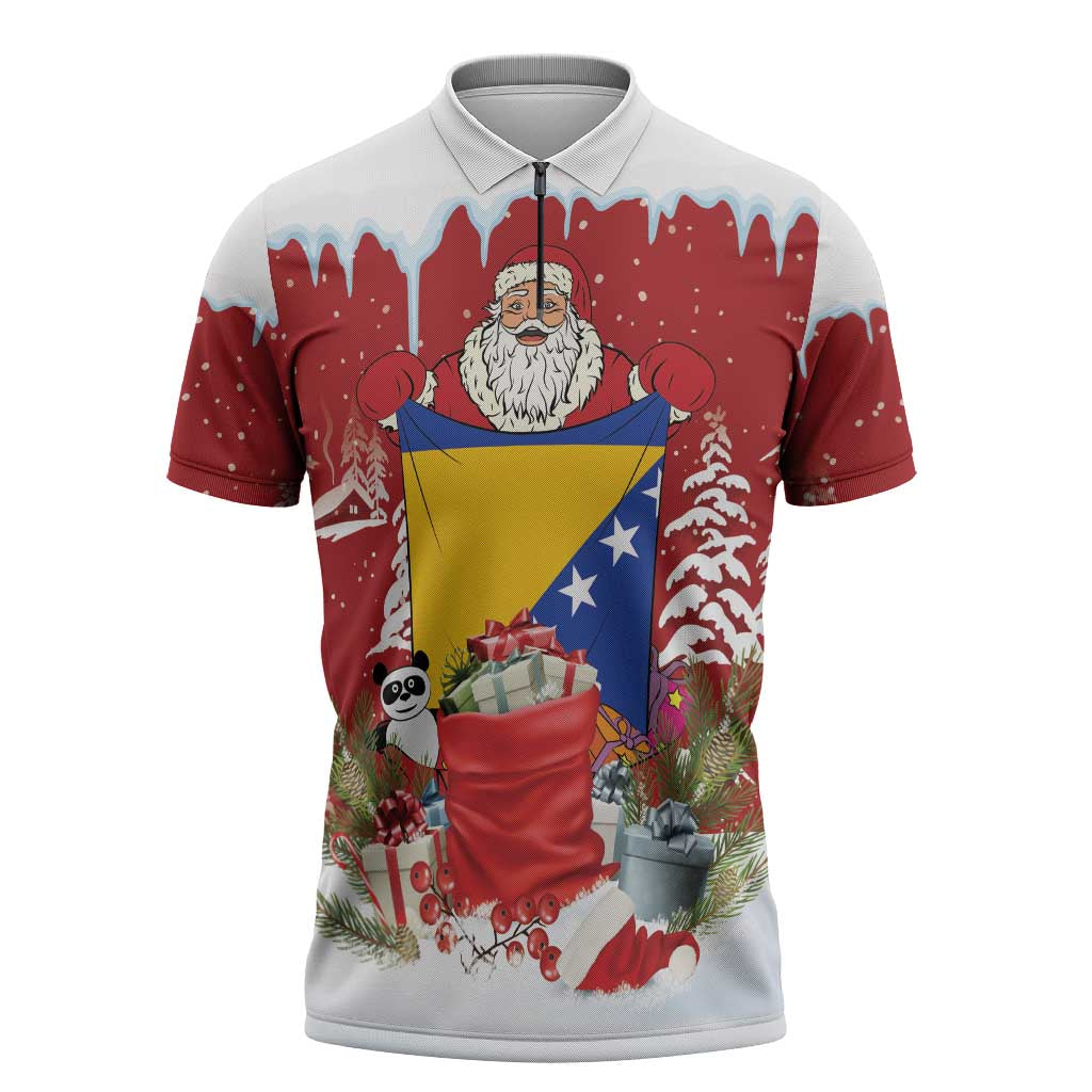 Bosnia and Herzegovina Christmas Zipper Polo Shirt Santa With National Flag - Wonder Print Shop