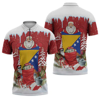 Bosnia and Herzegovina Christmas Zipper Polo Shirt Santa With National Flag - Wonder Print Shop