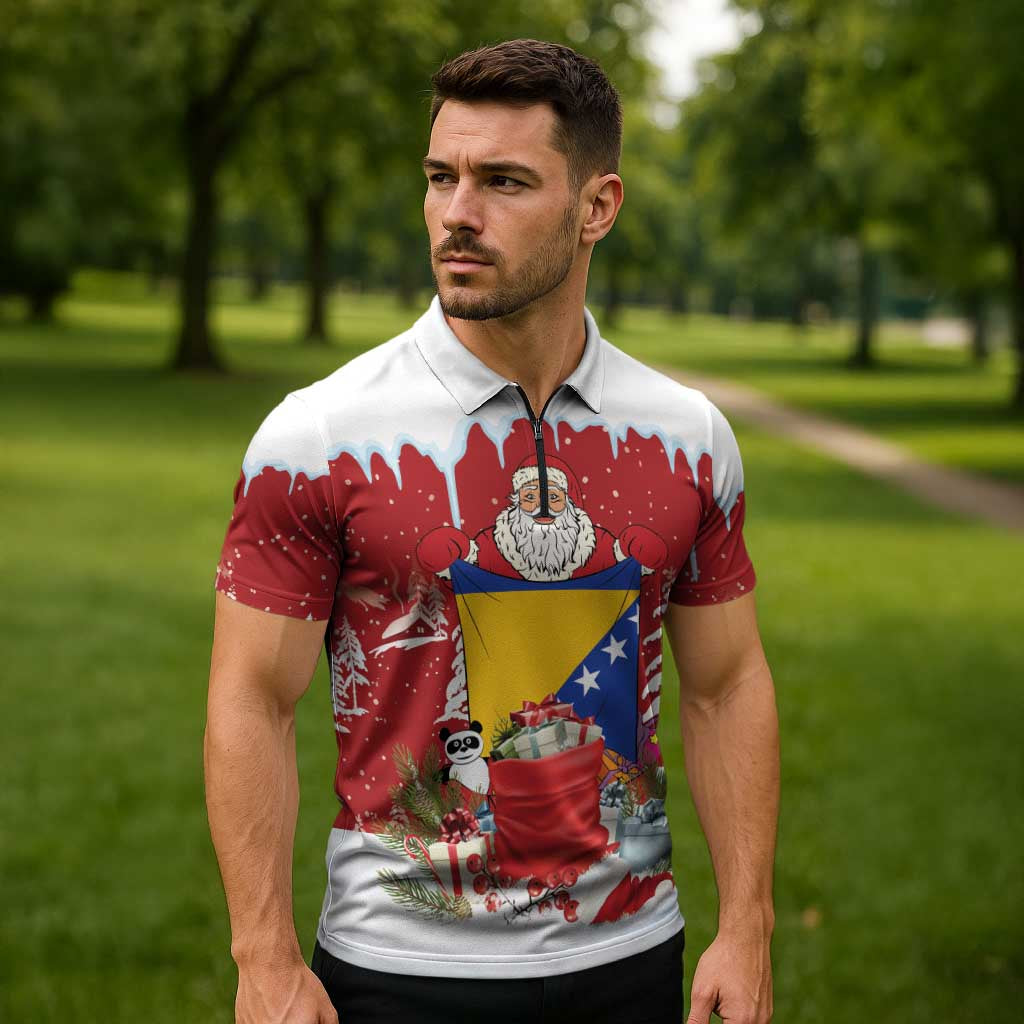 Bosnia and Herzegovina Christmas Zipper Polo Shirt Santa With National Flag - Wonder Print Shop