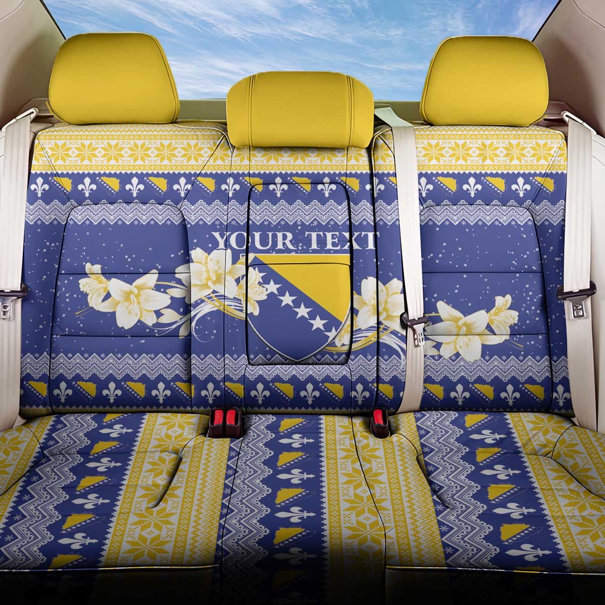 Personalized Bosnia and Herzegovina Christmas Back Car Seat Cover Coat Of Arms Srecan Bozic - Wonder Print Shop