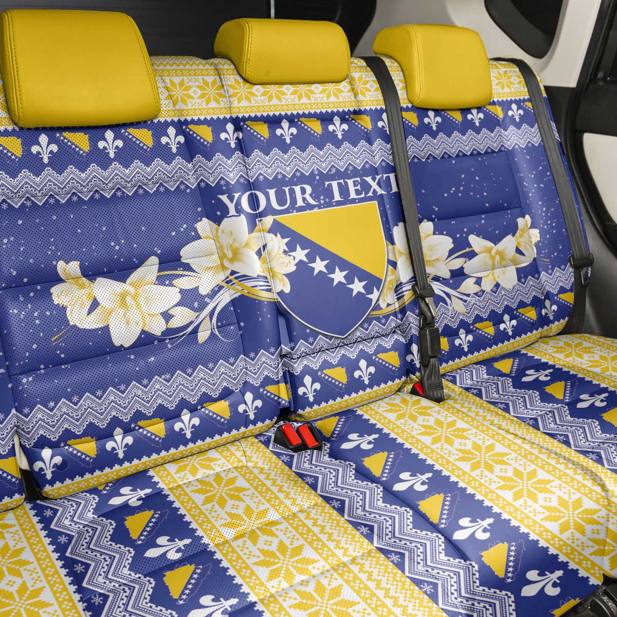 Personalized Bosnia and Herzegovina Christmas Back Car Seat Cover Coat Of Arms Srecan Bozic - Wonder Print Shop