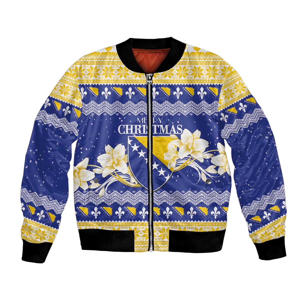 Personalized Bosnia and Herzegovina Christmas Bomber Jacket Coat Of Arms Srecan Bozic - Wonder Print Shop