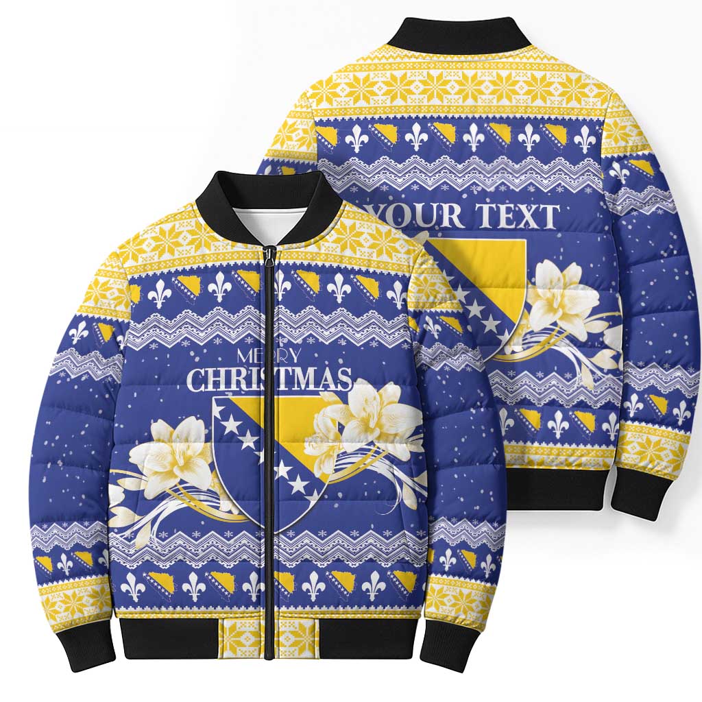 Personalized Bosnia and Herzegovina Christmas Bomber Puffer Jacket Coat Of Arms Srecan Bozic - Wonder Print Shop