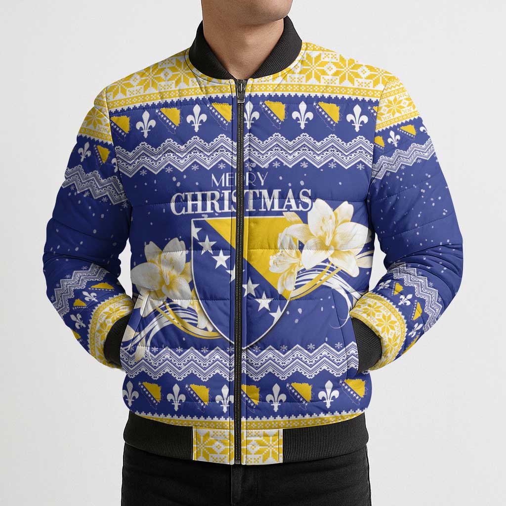 Personalized Bosnia and Herzegovina Christmas Bomber Puffer Jacket Coat Of Arms Srecan Bozic - Wonder Print Shop