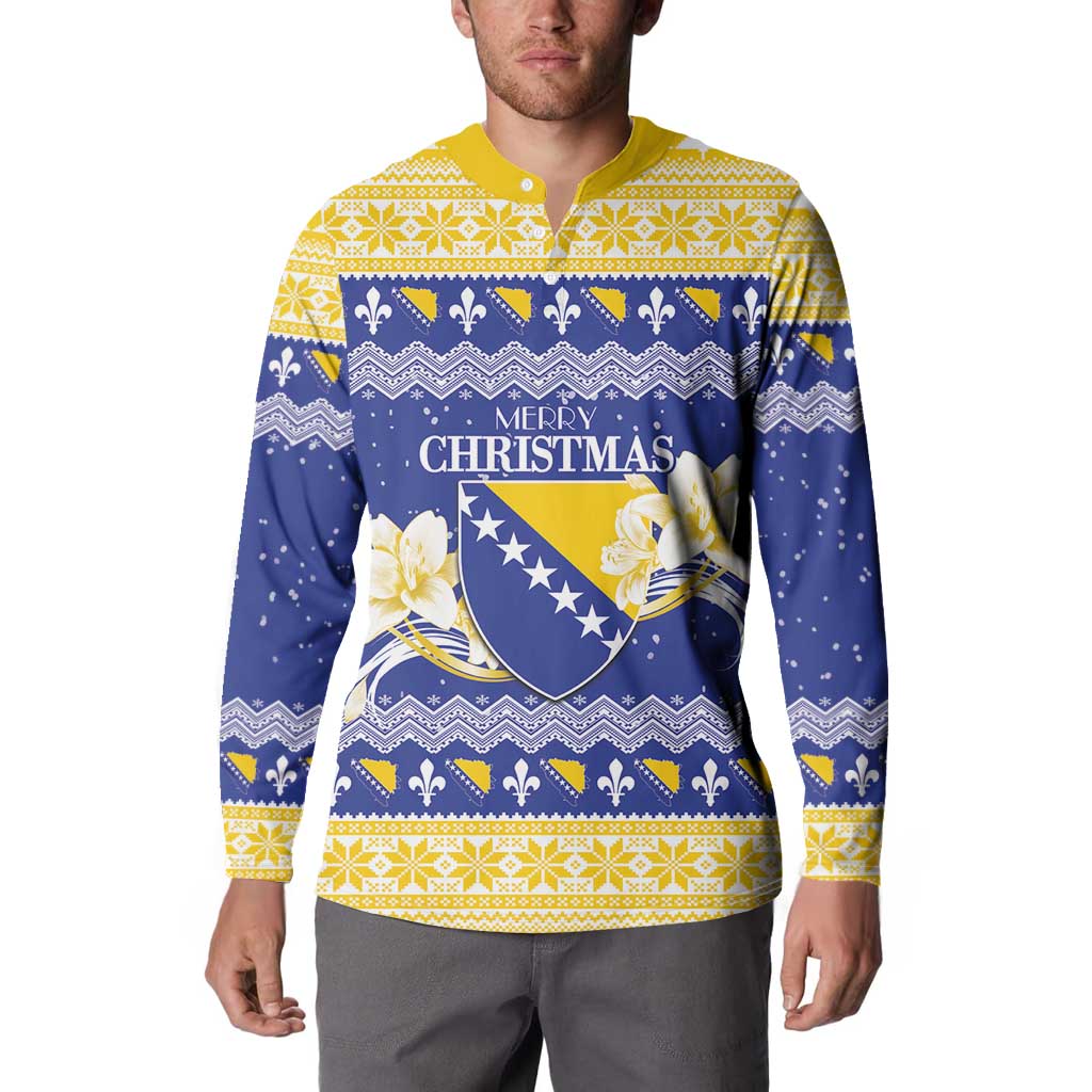 Personalized Bosnia and Herzegovina Christmas Button Sweatshirt Coat Of Arms Srecan Bozic - Wonder Print Shop