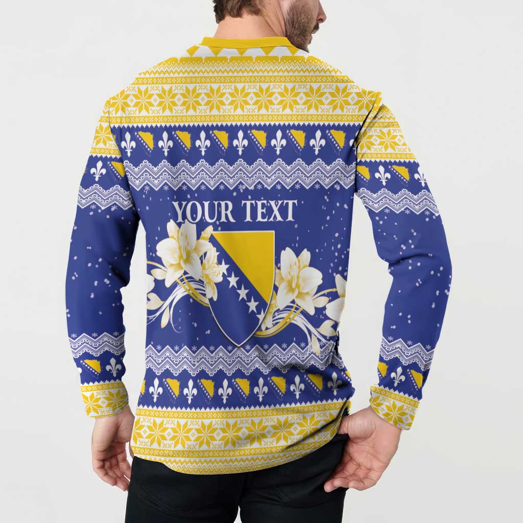 Personalized Bosnia and Herzegovina Christmas Button Sweatshirt Coat Of Arms Srecan Bozic - Wonder Print Shop