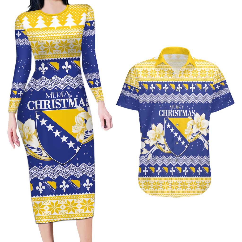 Personalized Bosnia and Herzegovina Christmas Couples Matching Long Sleeve Bodycon Dress and Hawaiian Shirt Coat Of Arms Srecan Bozic - Wonder Print Shop