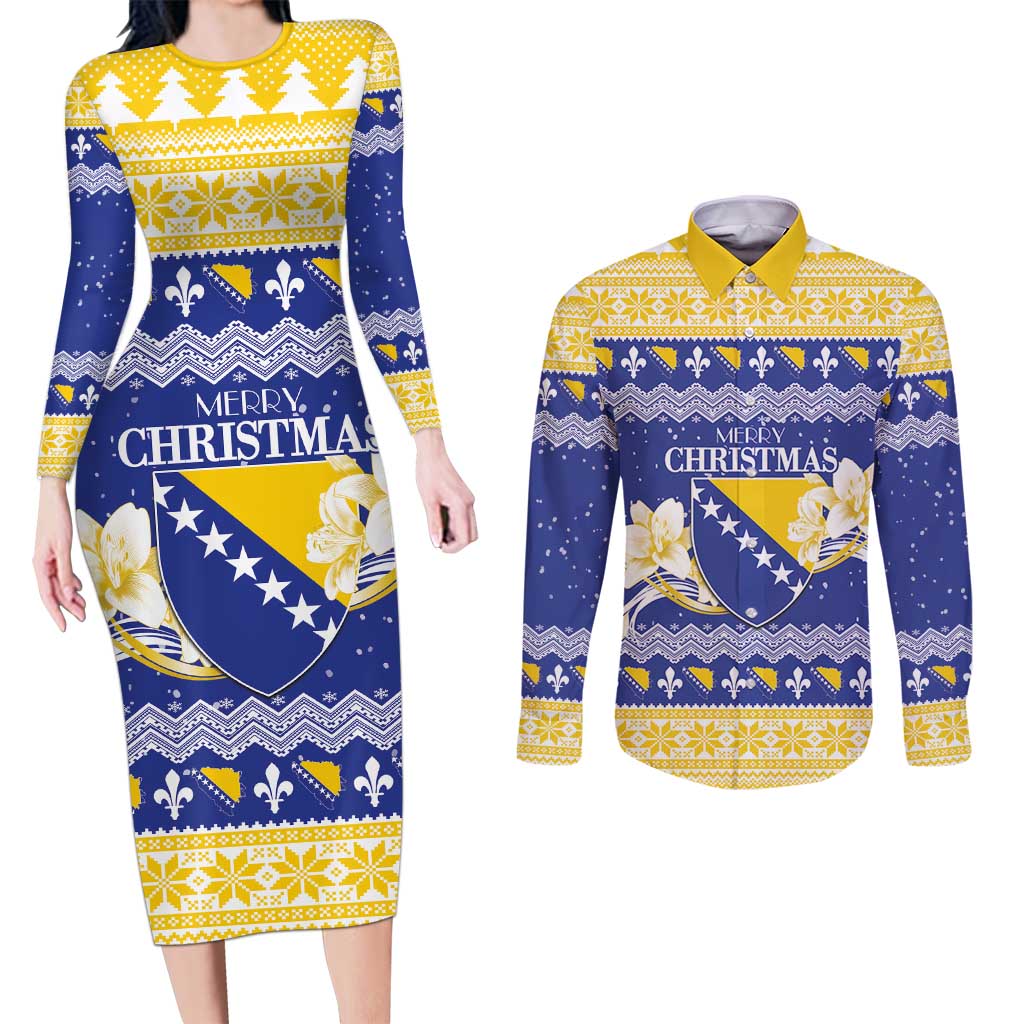 Personalized Bosnia and Herzegovina Christmas Couples Matching Long Sleeve Bodycon Dress and Long Sleeve Button Shirt Coat Of Arms Srecan Bozic - Wonder Print Shop