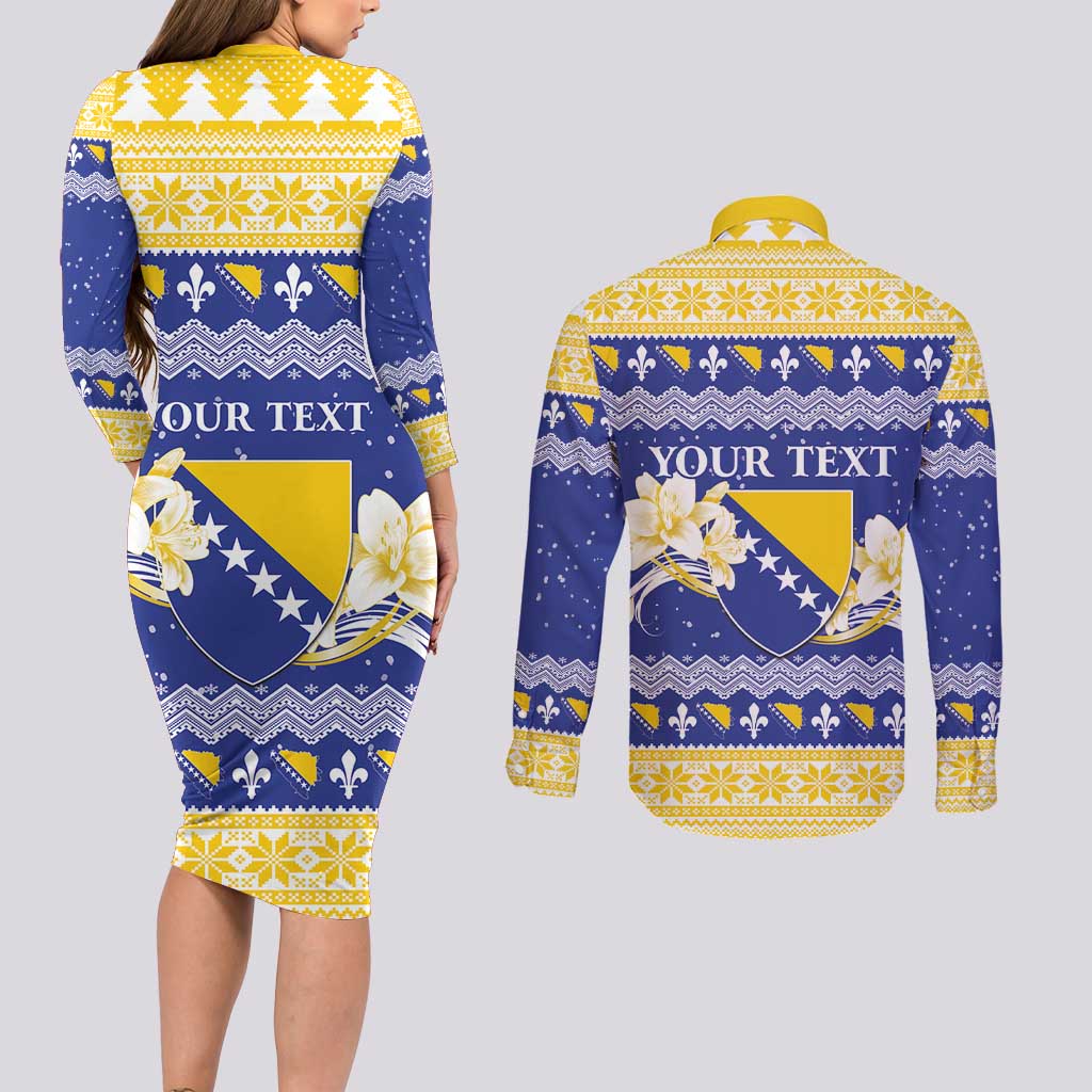 Personalized Bosnia and Herzegovina Christmas Couples Matching Long Sleeve Bodycon Dress and Long Sleeve Button Shirt Coat Of Arms Srecan Bozic - Wonder Print Shop