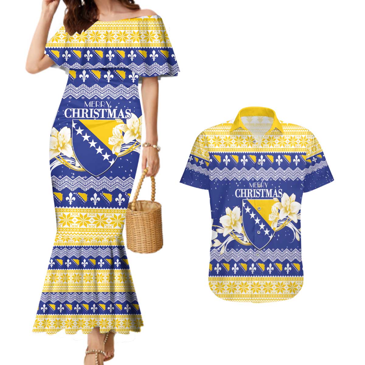 Personalized Bosnia and Herzegovina Christmas Couples Matching Mermaid Dress and Hawaiian Shirt Coat Of Arms Srecan Bozic - Wonder Print Shop
