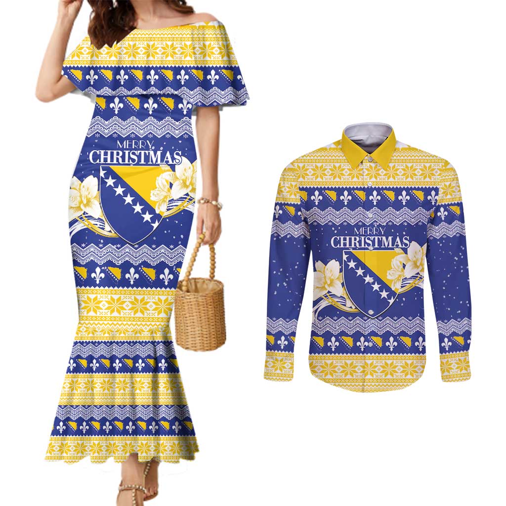 Personalized Bosnia and Herzegovina Christmas Couples Matching Mermaid Dress and Long Sleeve Button Shirt Coat Of Arms Srecan Bozic - Wonder Print Shop