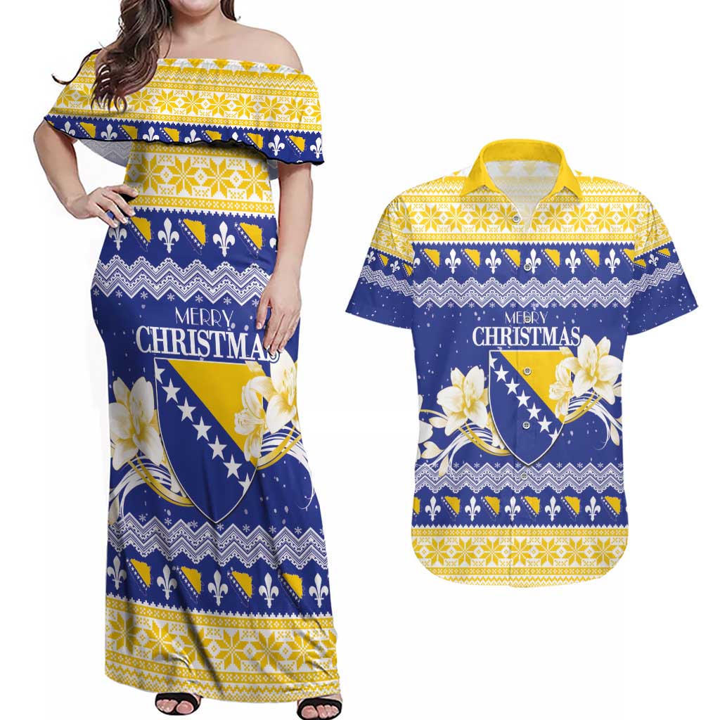 Personalized Bosnia and Herzegovina Christmas Couples Matching Off Shoulder Maxi Dress and Hawaiian Shirt Coat Of Arms Srecan Bozic - Wonder Print Shop