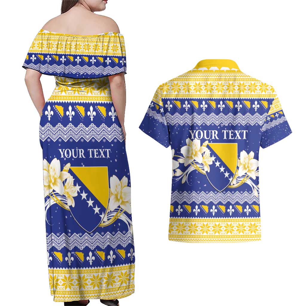 Personalized Bosnia and Herzegovina Christmas Couples Matching Off Shoulder Maxi Dress and Hawaiian Shirt Coat Of Arms Srecan Bozic - Wonder Print Shop