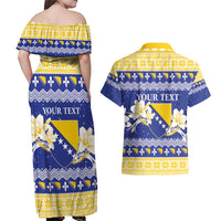 Personalized Bosnia and Herzegovina Christmas Couples Matching Off Shoulder Maxi Dress and Hawaiian Shirt Coat Of Arms Srecan Bozic - Wonder Print Shop