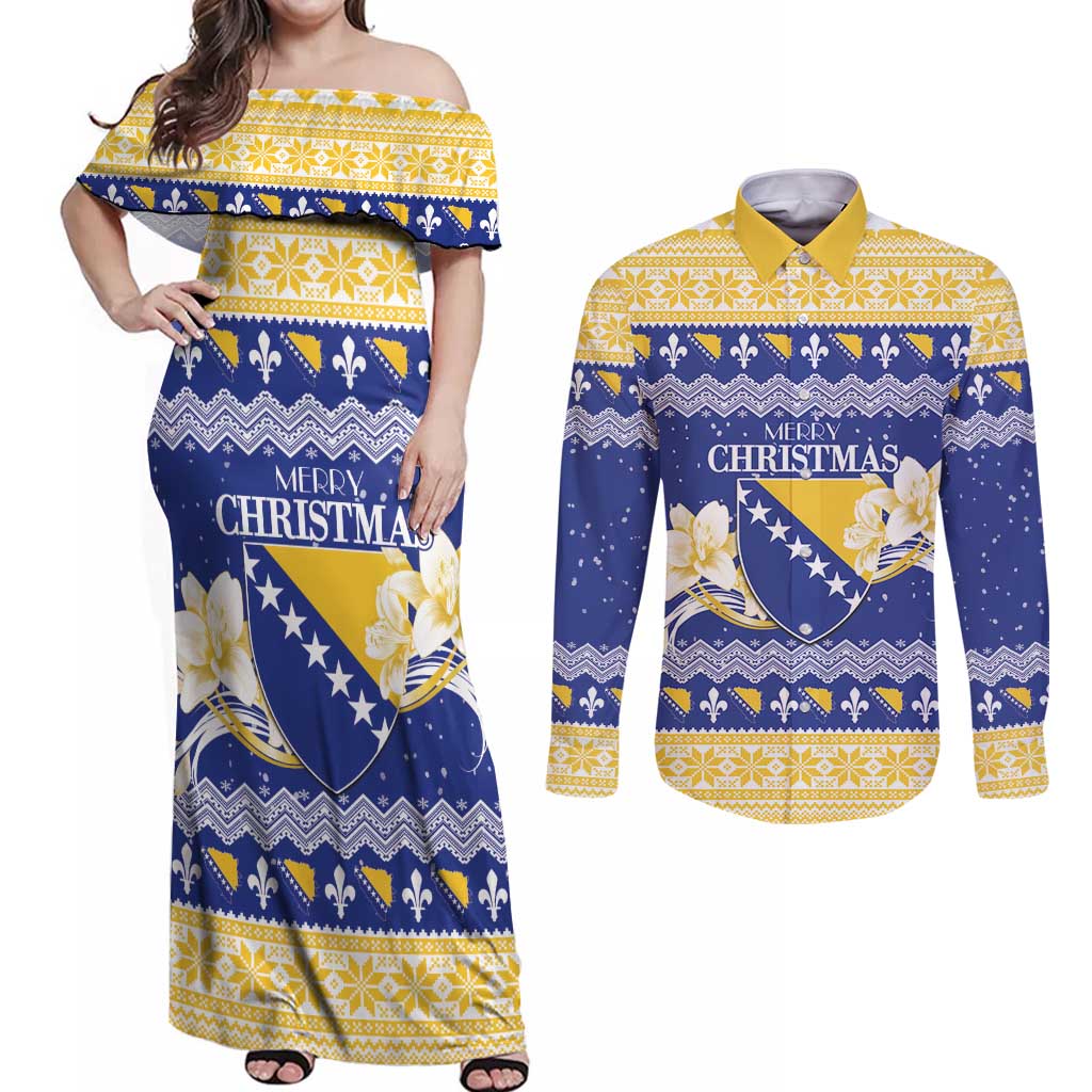 Personalized Bosnia and Herzegovina Christmas Couples Matching Off Shoulder Maxi Dress and Long Sleeve Button Shirt Coat Of Arms Srecan Bozic - Wonder Print Shop