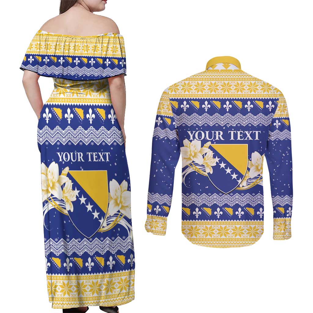 Personalized Bosnia and Herzegovina Christmas Couples Matching Off Shoulder Maxi Dress and Long Sleeve Button Shirt Coat Of Arms Srecan Bozic - Wonder Print Shop