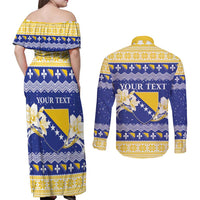 Personalized Bosnia and Herzegovina Christmas Couples Matching Off Shoulder Maxi Dress and Long Sleeve Button Shirt Coat Of Arms Srecan Bozic - Wonder Print Shop