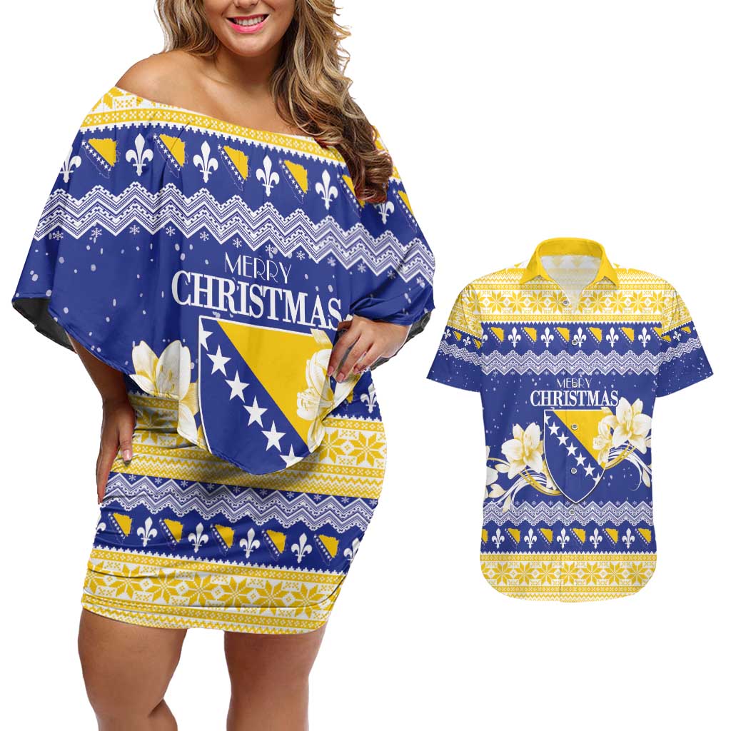 Personalized Bosnia and Herzegovina Christmas Couples Matching Off Shoulder Short Dress and Hawaiian Shirt Coat Of Arms Srecan Bozic - Wonder Print Shop