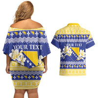 Personalized Bosnia and Herzegovina Christmas Couples Matching Off Shoulder Short Dress and Hawaiian Shirt Coat Of Arms Srecan Bozic - Wonder Print Shop