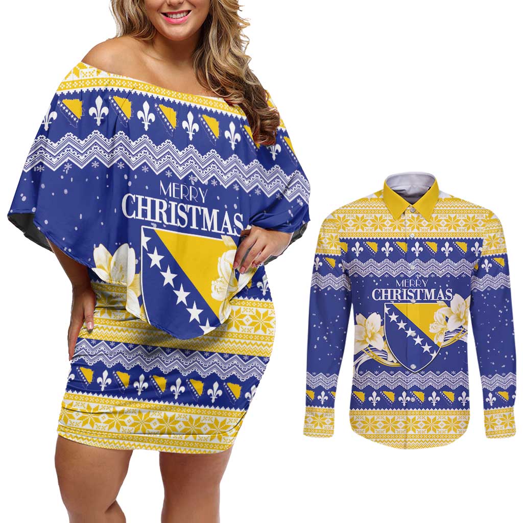 Personalized Bosnia and Herzegovina Christmas Couples Matching Off Shoulder Short Dress and Long Sleeve Button Shirt Coat Of Arms Srecan Bozic - Wonder Print Shop