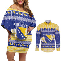 Personalized Bosnia and Herzegovina Christmas Couples Matching Off Shoulder Short Dress and Long Sleeve Button Shirt Coat Of Arms Srecan Bozic - Wonder Print Shop