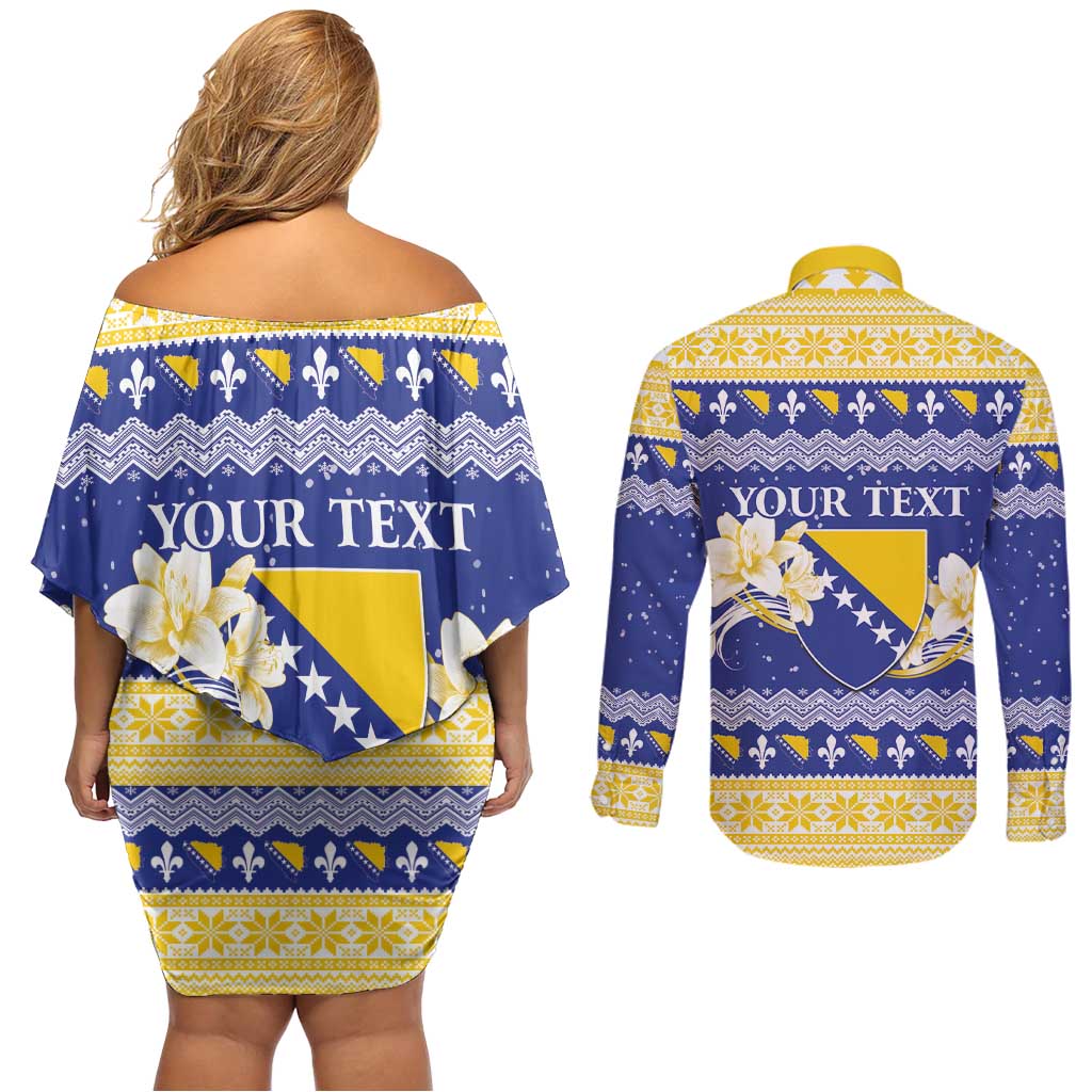 Personalized Bosnia and Herzegovina Christmas Couples Matching Off Shoulder Short Dress and Long Sleeve Button Shirt Coat Of Arms Srecan Bozic - Wonder Print Shop