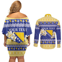 Personalized Bosnia and Herzegovina Christmas Couples Matching Off Shoulder Short Dress and Long Sleeve Button Shirt Coat Of Arms Srecan Bozic - Wonder Print Shop
