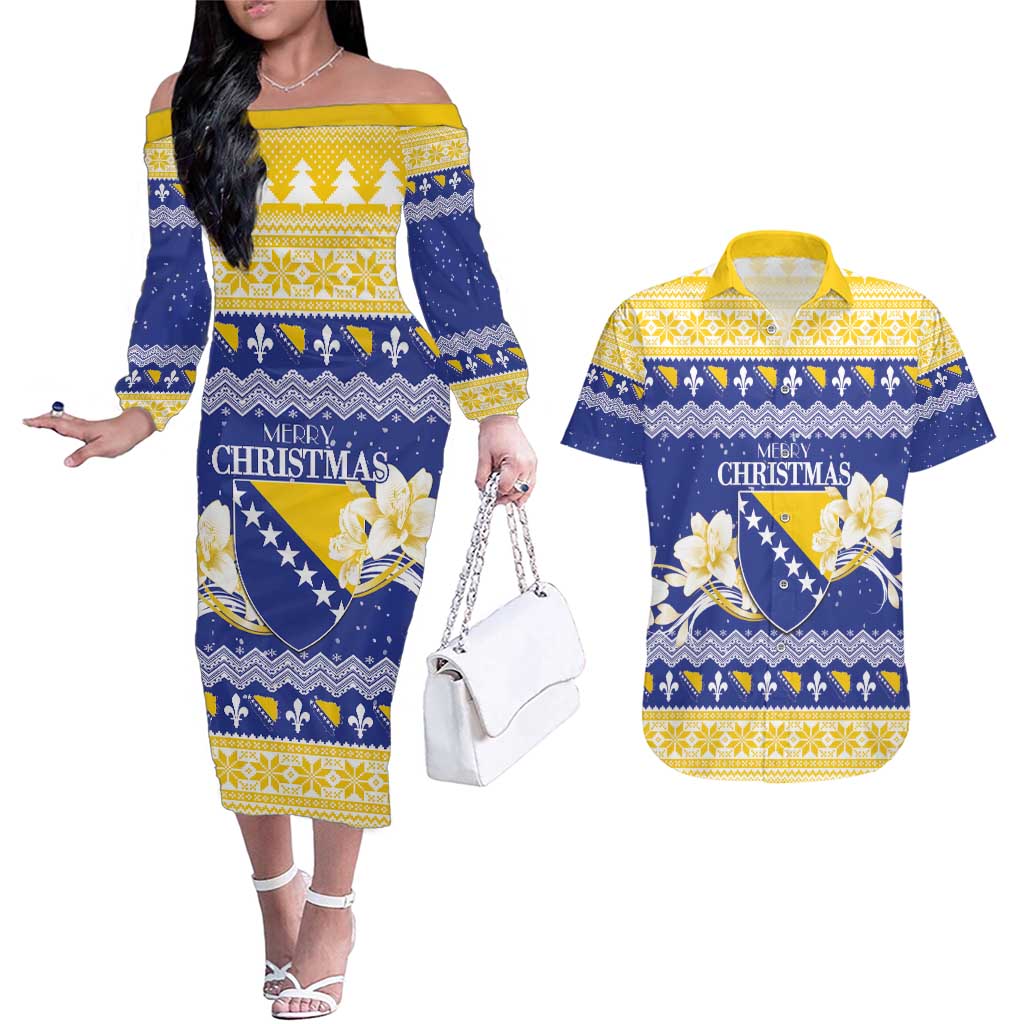 Personalized Bosnia and Herzegovina Christmas Couples Matching Off The Shoulder Long Sleeve Dress and Hawaiian Shirt Coat Of Arms Srecan Bozic - Wonder Print Shop
