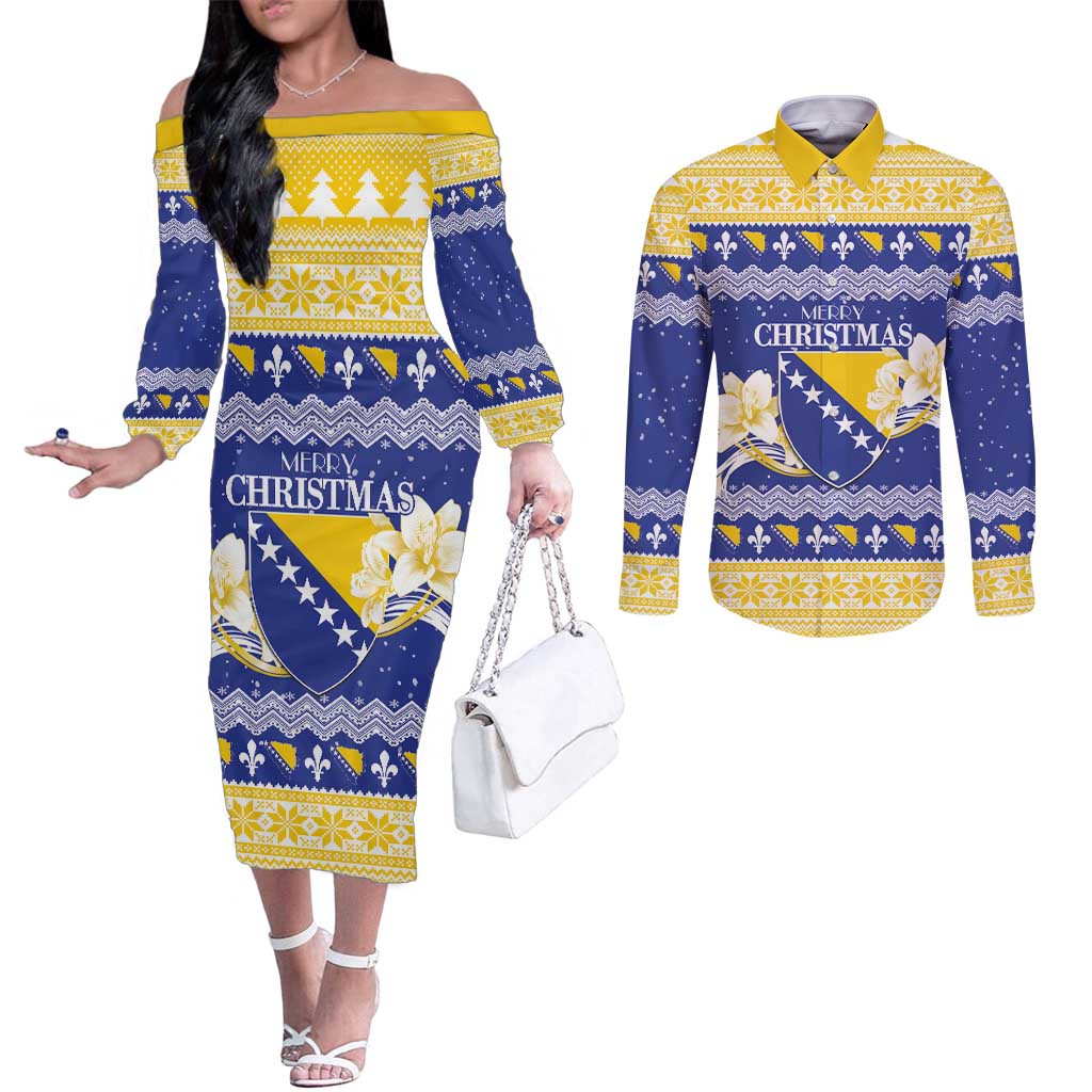 Personalized Bosnia and Herzegovina Christmas Couples Matching Off The Shoulder Long Sleeve Dress and Long Sleeve Button Shirt Coat Of Arms Srecan Bozic - Wonder Print Shop