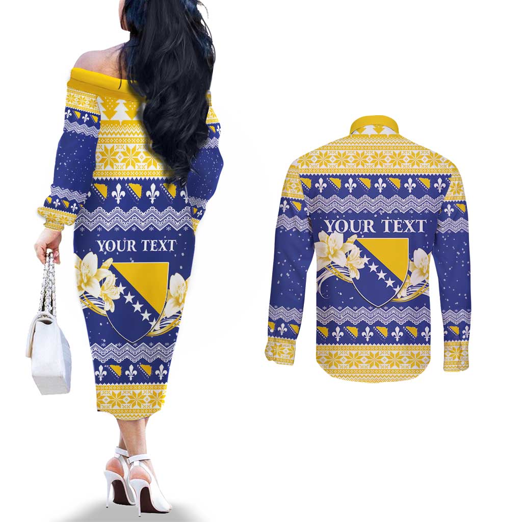 Personalized Bosnia and Herzegovina Christmas Couples Matching Off The Shoulder Long Sleeve Dress and Long Sleeve Button Shirt Coat Of Arms Srecan Bozic - Wonder Print Shop