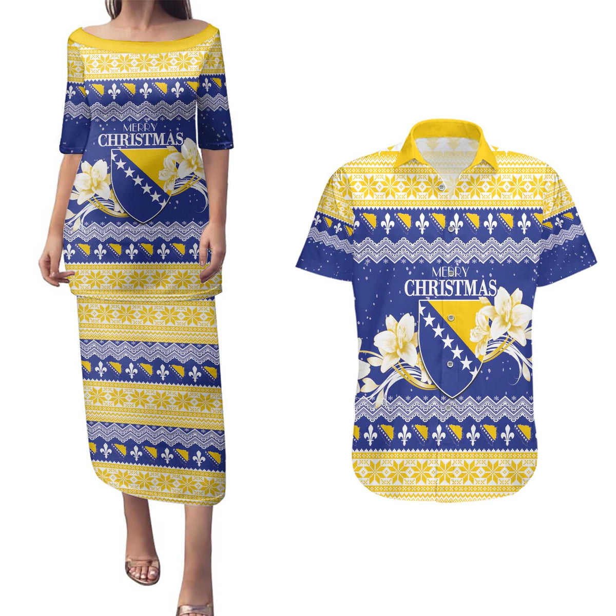 Personalized Bosnia and Herzegovina Christmas Couples Matching Puletasi and Hawaiian Shirt Coat Of Arms Srecan Bozic - Wonder Print Shop