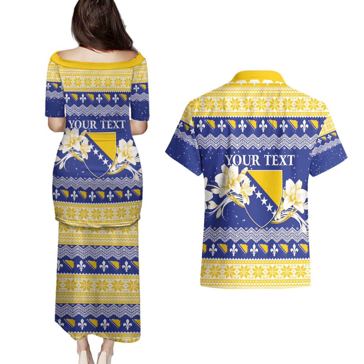 Personalized Bosnia and Herzegovina Christmas Couples Matching Puletasi and Hawaiian Shirt Coat Of Arms Srecan Bozic - Wonder Print Shop