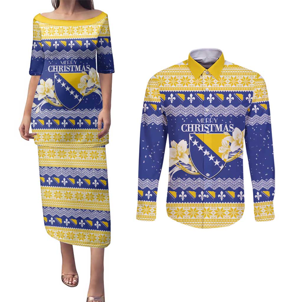 Personalized Bosnia and Herzegovina Christmas Couples Matching Puletasi and Long Sleeve Button Shirt Coat Of Arms Srecan Bozic - Wonder Print Shop