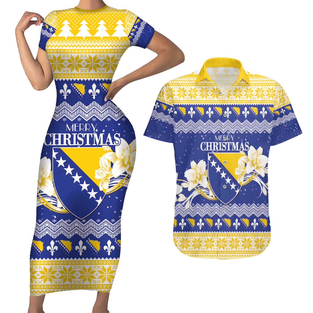 Personalized Bosnia and Herzegovina Christmas Couples Matching Short Sleeve Bodycon Dress and Hawaiian Shirt Coat Of Arms Srecan Bozic - Wonder Print Shop