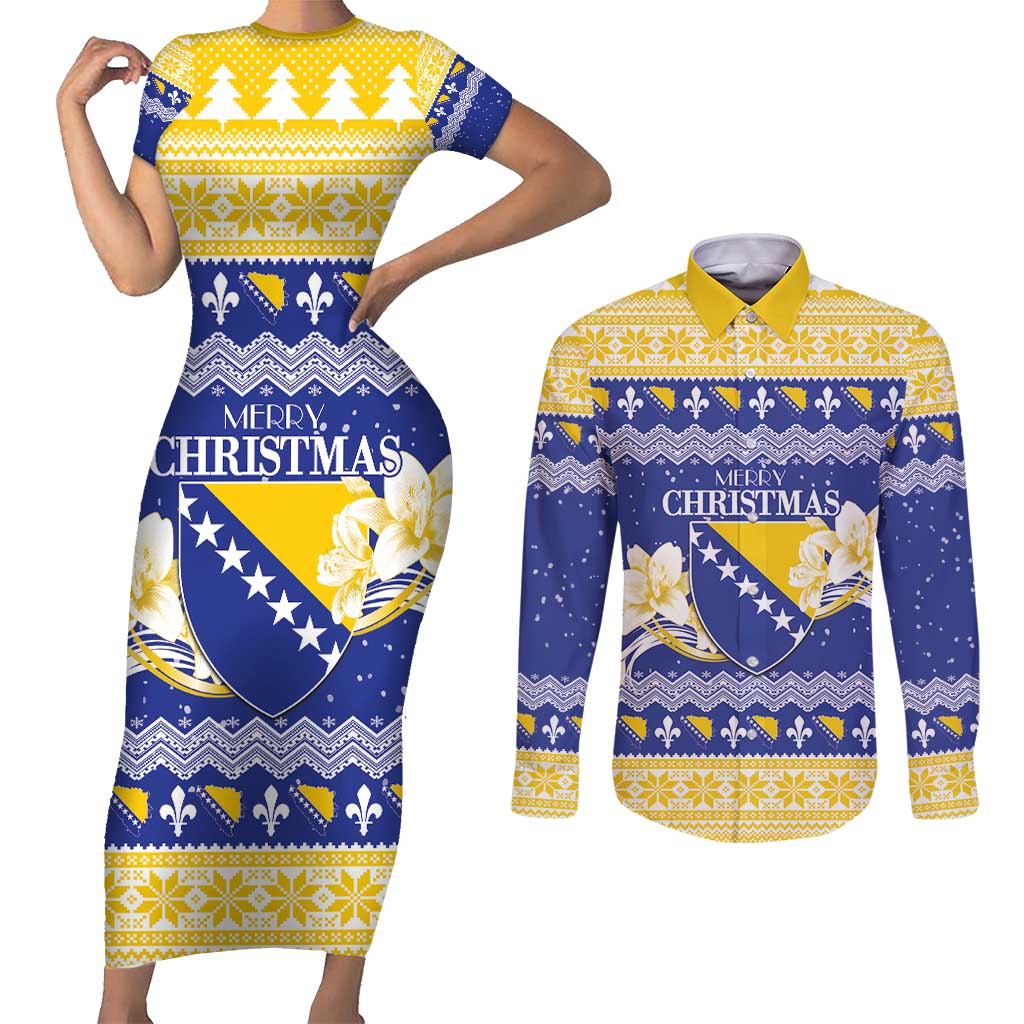 Personalized Bosnia and Herzegovina Christmas Couples Matching Short Sleeve Bodycon Dress and Long Sleeve Button Shirt Coat Of Arms Srecan Bozic - Wonder Print Shop