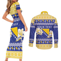 Personalized Bosnia and Herzegovina Christmas Couples Matching Short Sleeve Bodycon Dress and Long Sleeve Button Shirt Coat Of Arms Srecan Bozic - Wonder Print Shop