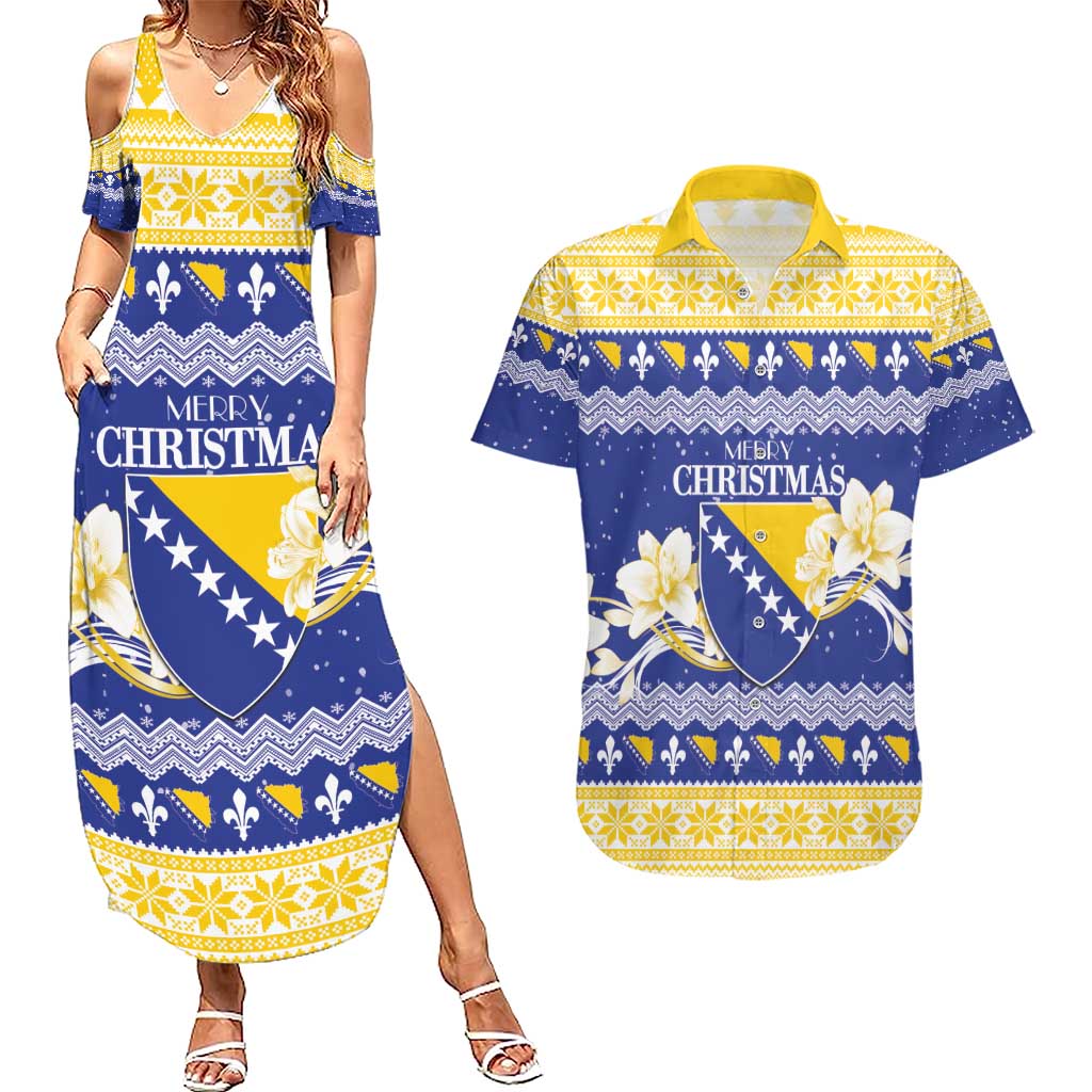Personalized Bosnia and Herzegovina Christmas Couples Matching Summer Maxi Dress and Hawaiian Shirt Coat Of Arms Srecan Bozic - Wonder Print Shop
