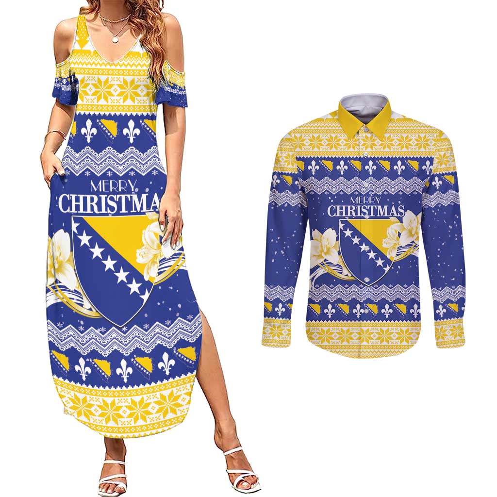 Personalized Bosnia and Herzegovina Christmas Couples Matching Summer Maxi Dress and Long Sleeve Button Shirt Coat Of Arms Srecan Bozic - Wonder Print Shop