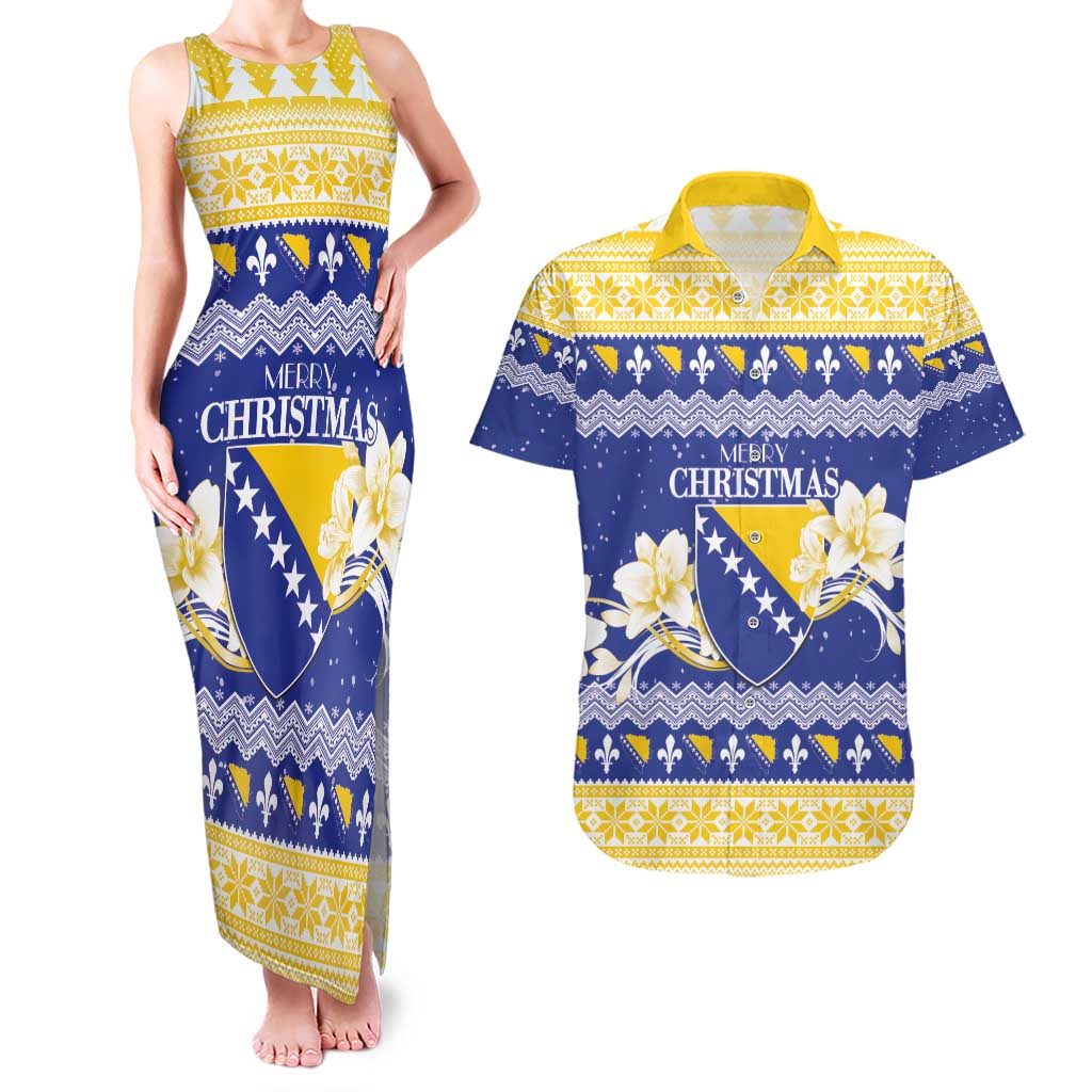 Personalized Bosnia and Herzegovina Christmas Couples Matching Tank Maxi Dress and Hawaiian Shirt Coat Of Arms Srecan Bozic - Wonder Print Shop