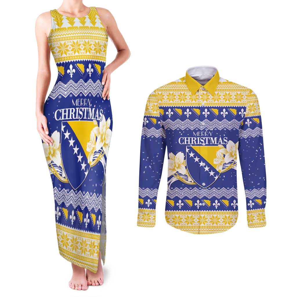 Personalized Bosnia and Herzegovina Christmas Couples Matching Tank Maxi Dress and Long Sleeve Button Shirt Coat Of Arms Srecan Bozic - Wonder Print Shop